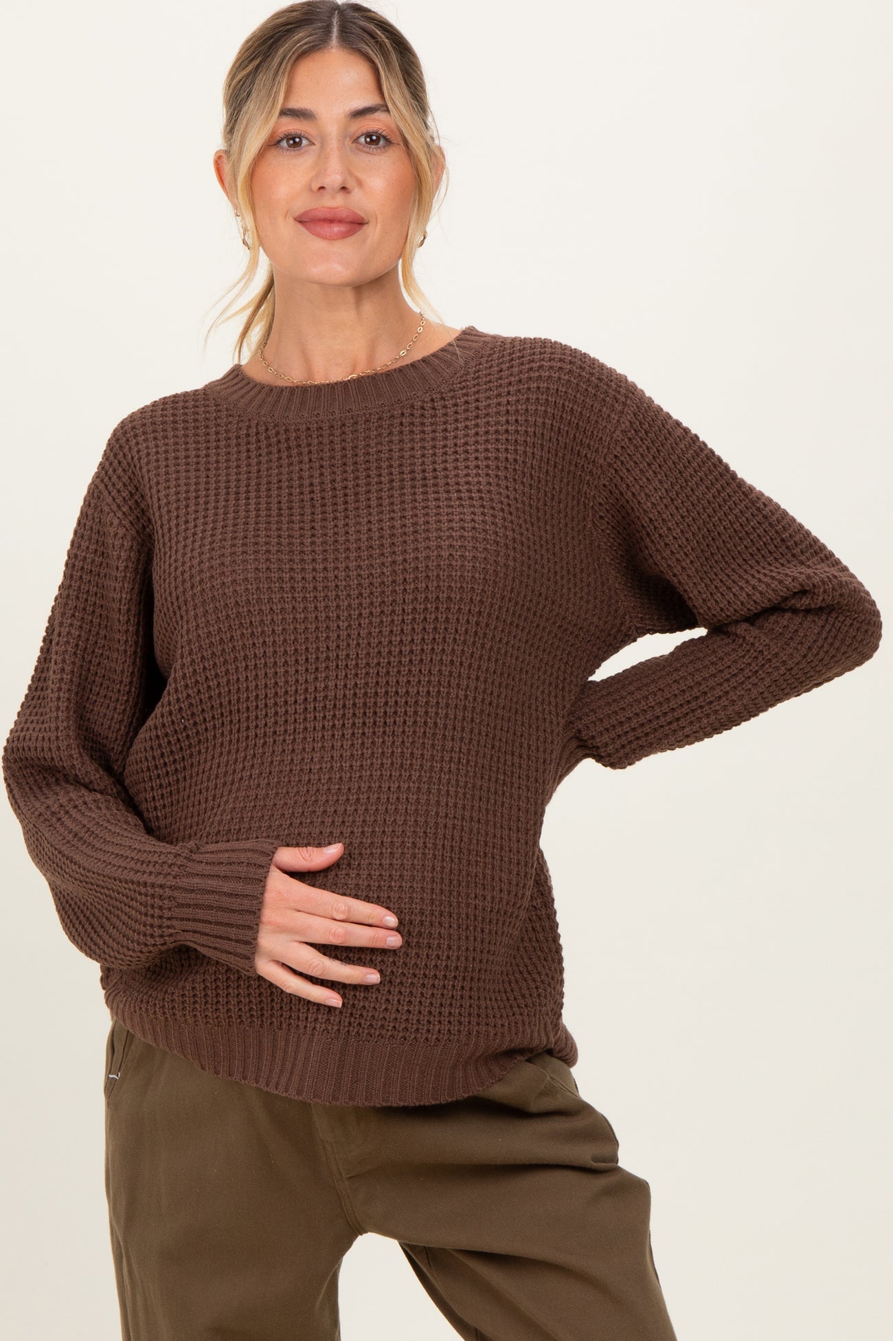 Dark Mocha Waffle Knit Rounded Hem Maternity Sweater
