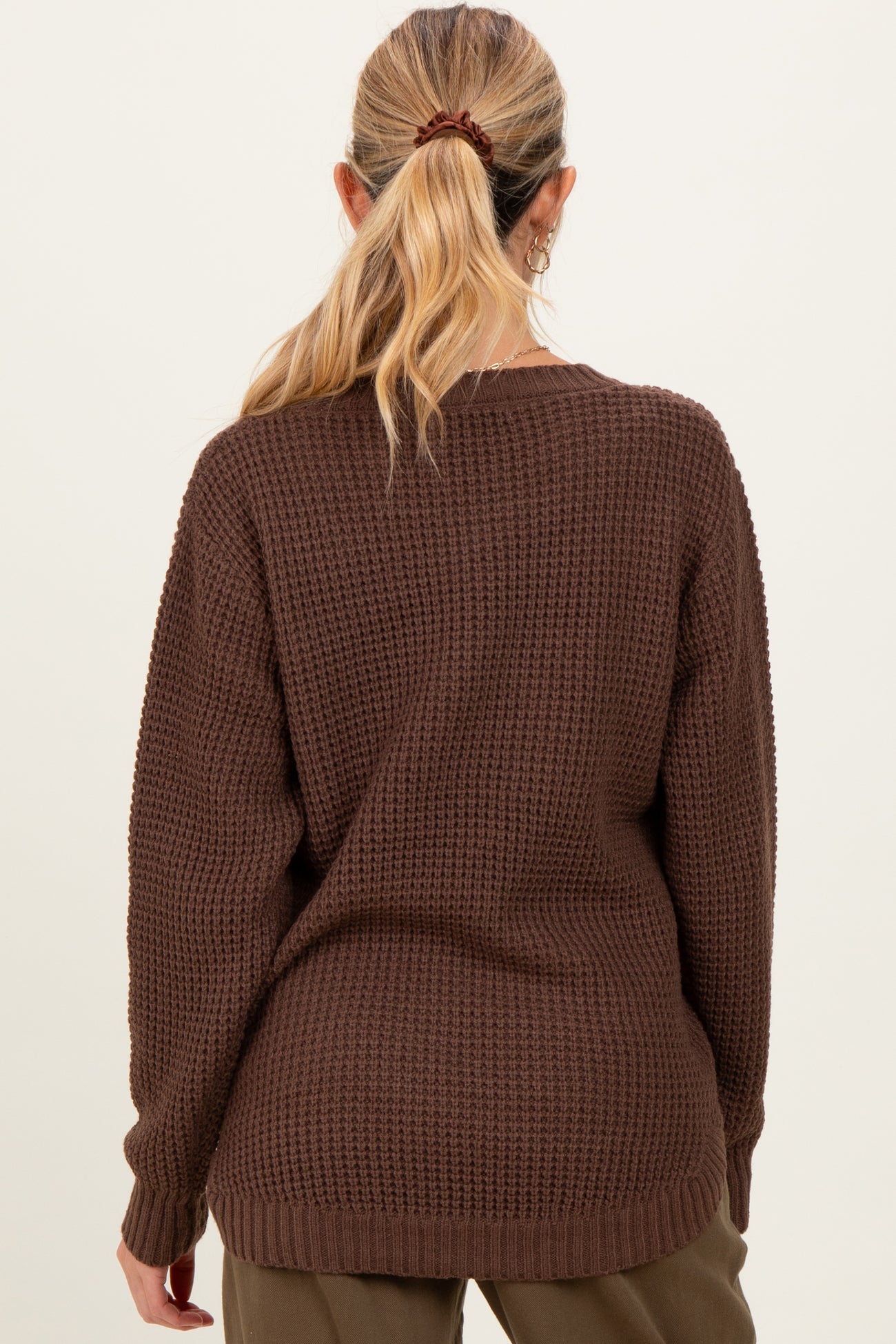 Dark Mocha Waffle Knit Rounded Hem Maternity Sweater