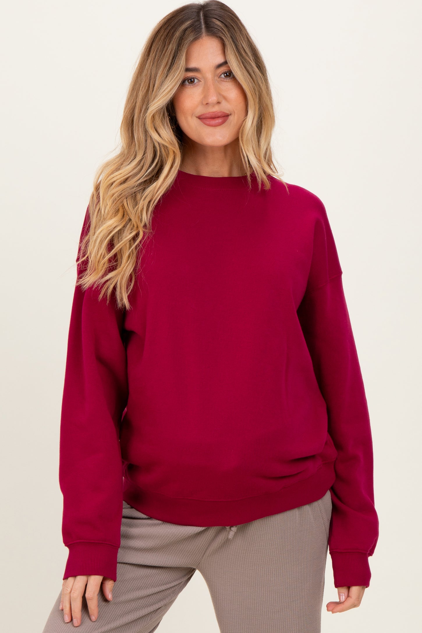 Burgundy Fleece Crew Neck Relaxed Fit Maternity Sweatshirt