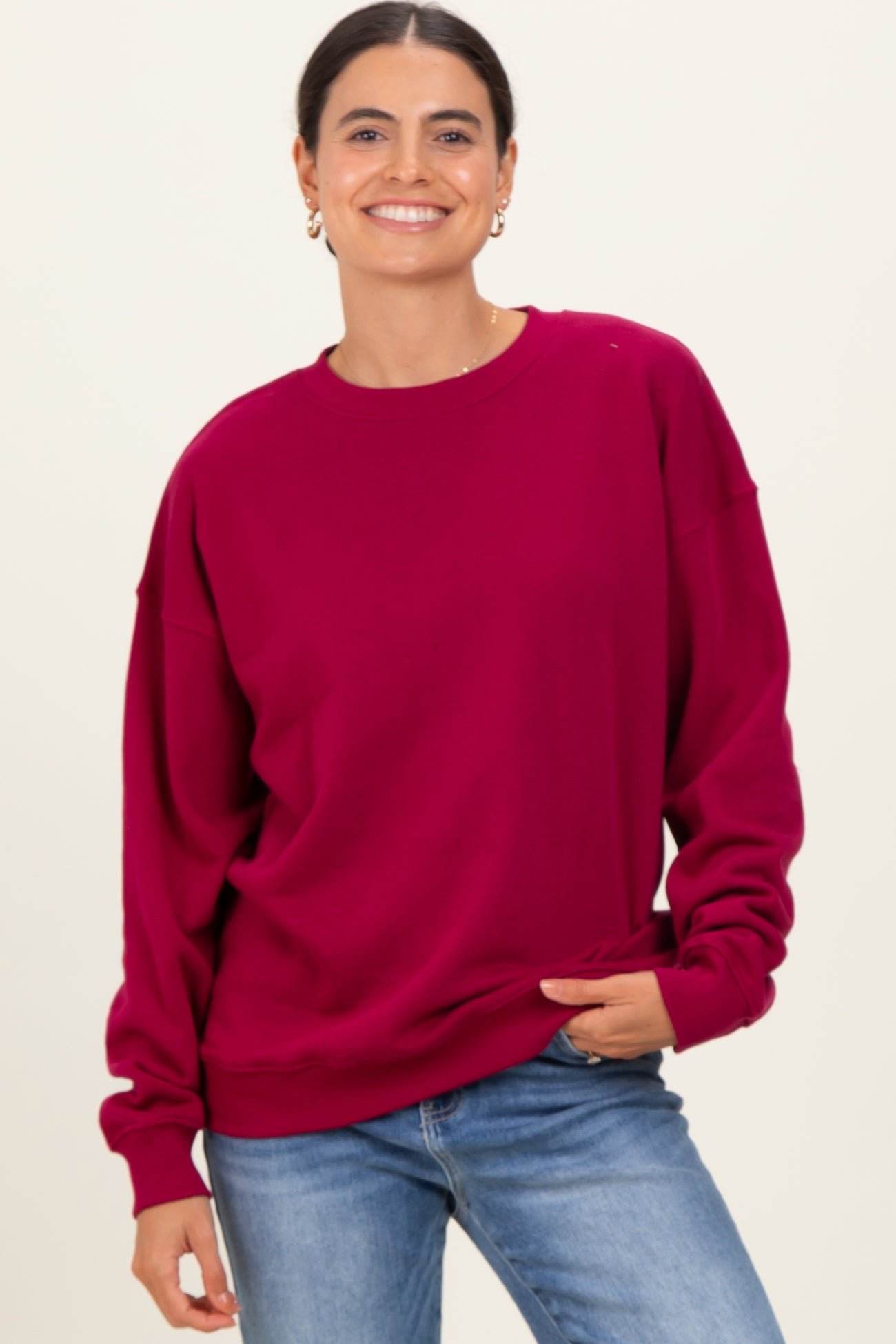 Burgundy Fleece Crew Neck Relaxed Fit Maternity Sweatshirt
