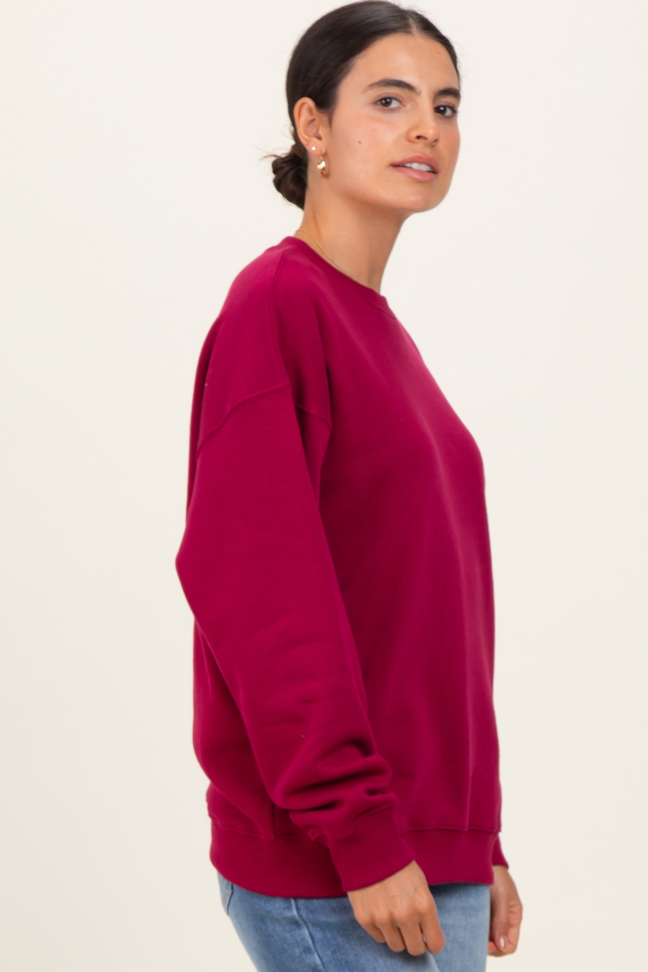 Burgundy  Fleece Crew Neck Relaxed Fit Sweatshirt