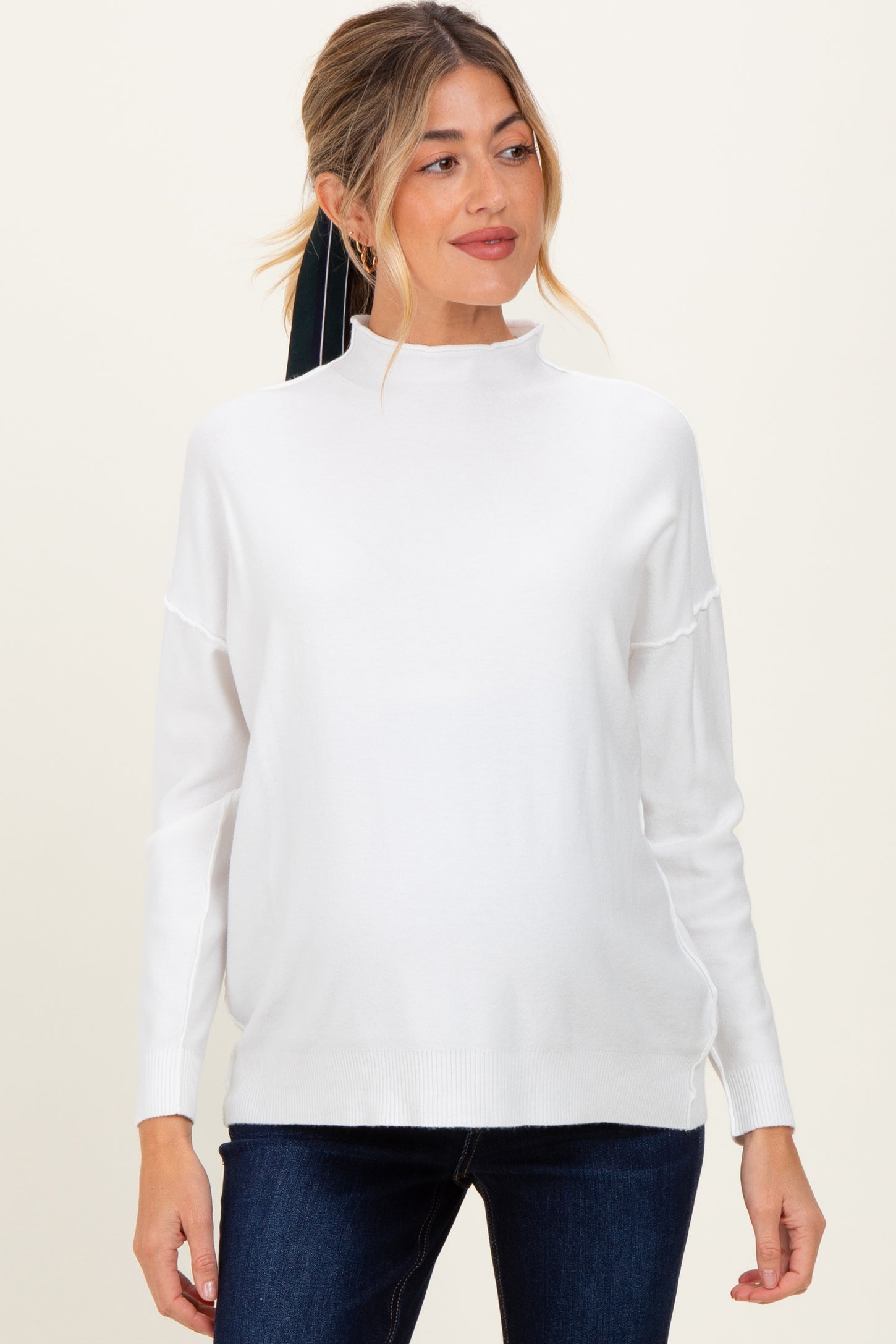Ivory Mock Neck Exposed Seam Maternity Sweater