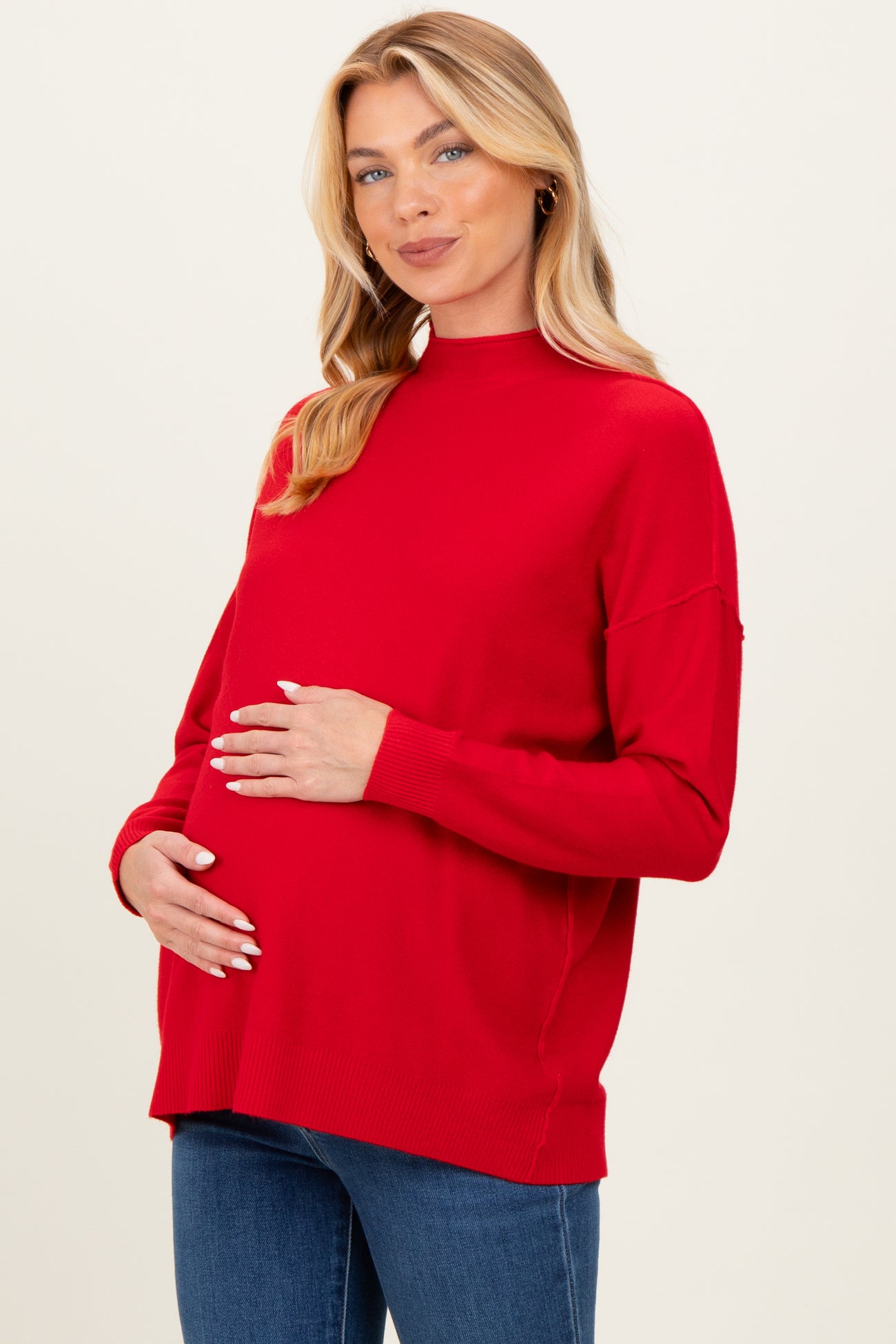 Red Mock Neck Exposed Seam Maternity Sweater