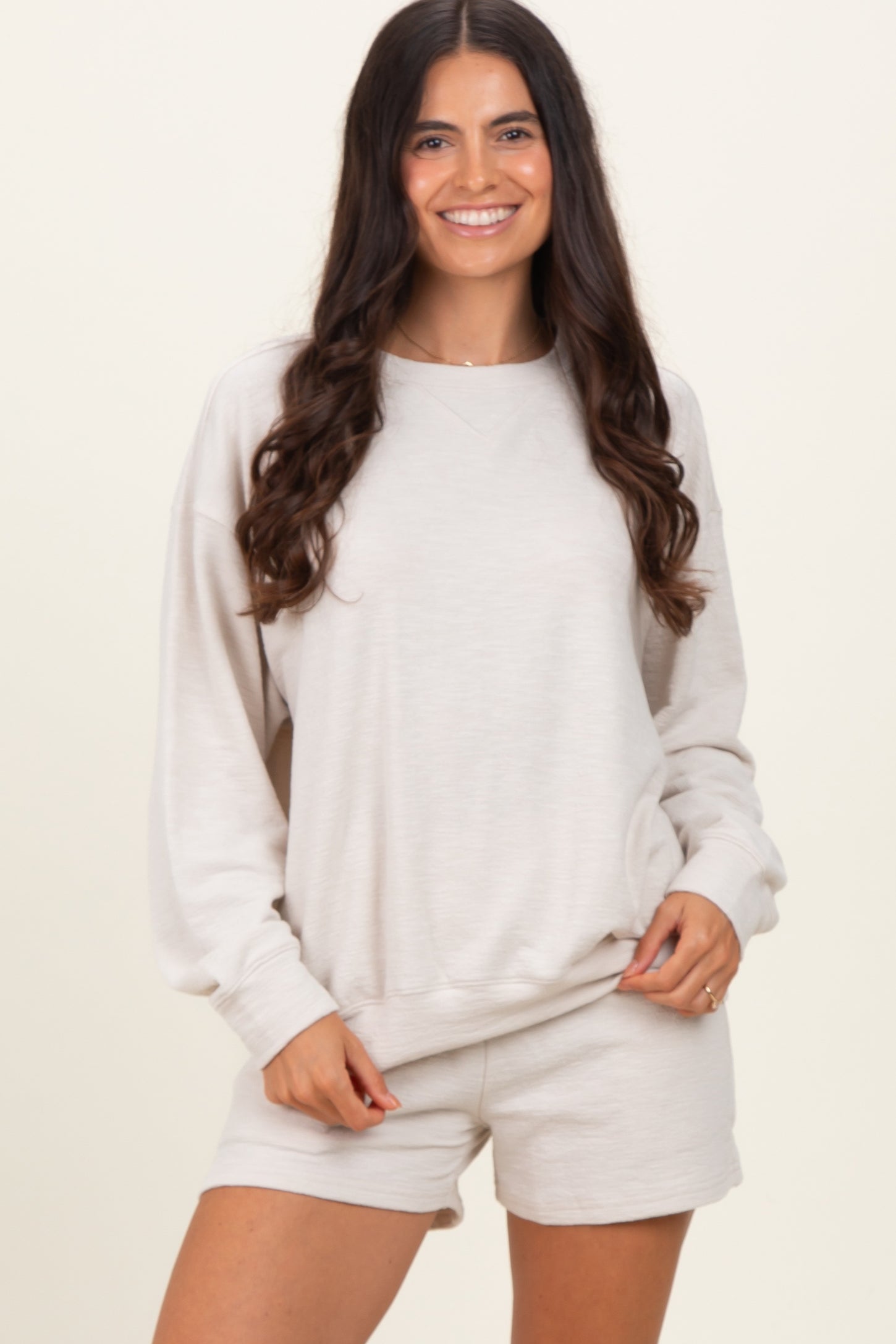 Beige Maternity Pullover & Shorts Set