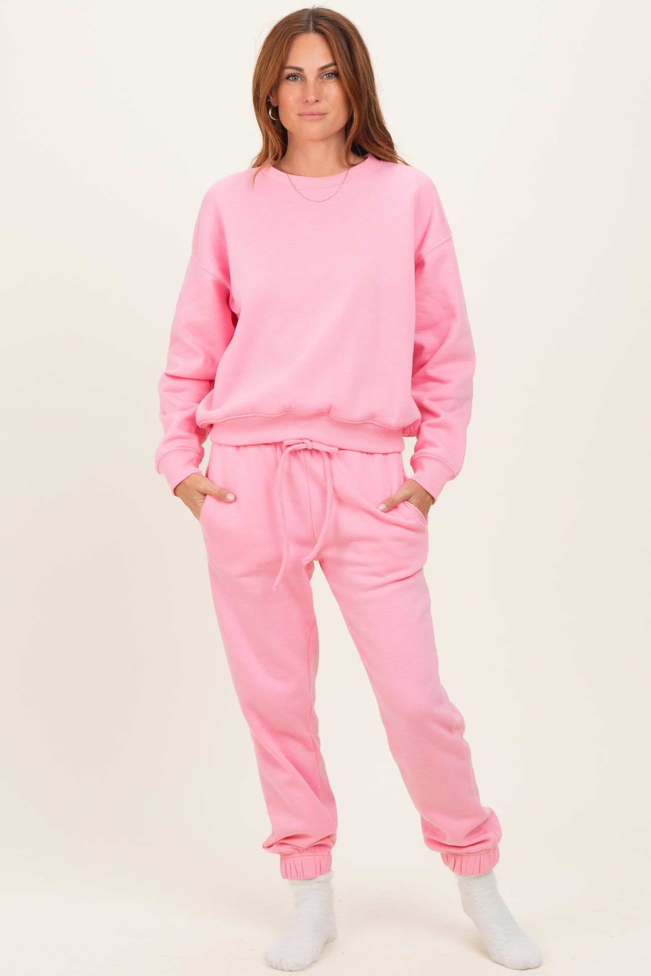 Pink Fleece Long Sleeve Maternity Pullover & Jogger Set