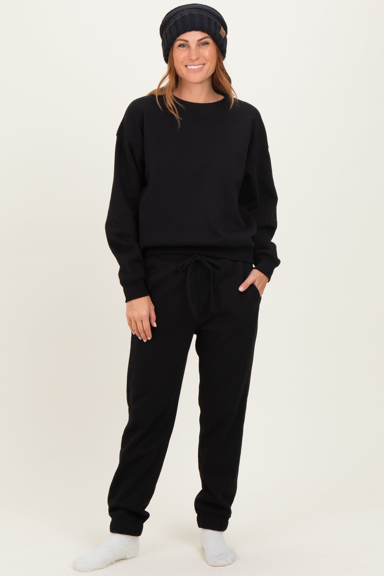 Black Fleece Long Sleeve Maternity Pullover & Jogger Set