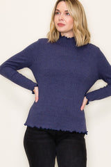Navy Ribbed Mock Neck Ruffle Hem Long Sleeve Top