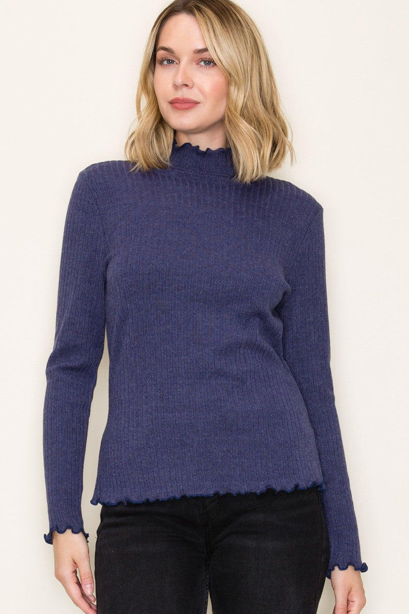 Navy Ribbed Mock Neck Ruffle Hem Long Sleeve Top