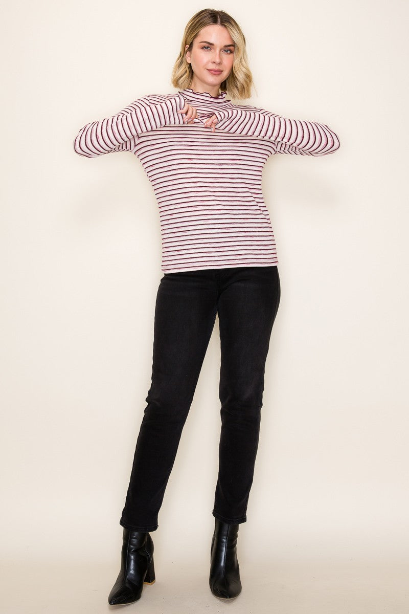 Burgundy Striped Ribbed Mock Neck Ruffle Hem Top
