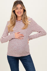 Burgundy Striped Ribbed Mock Neck Ruffle Hem Maternity Top