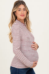 Burgundy Striped Ribbed Mock Neck Ruffle Hem Maternity Top