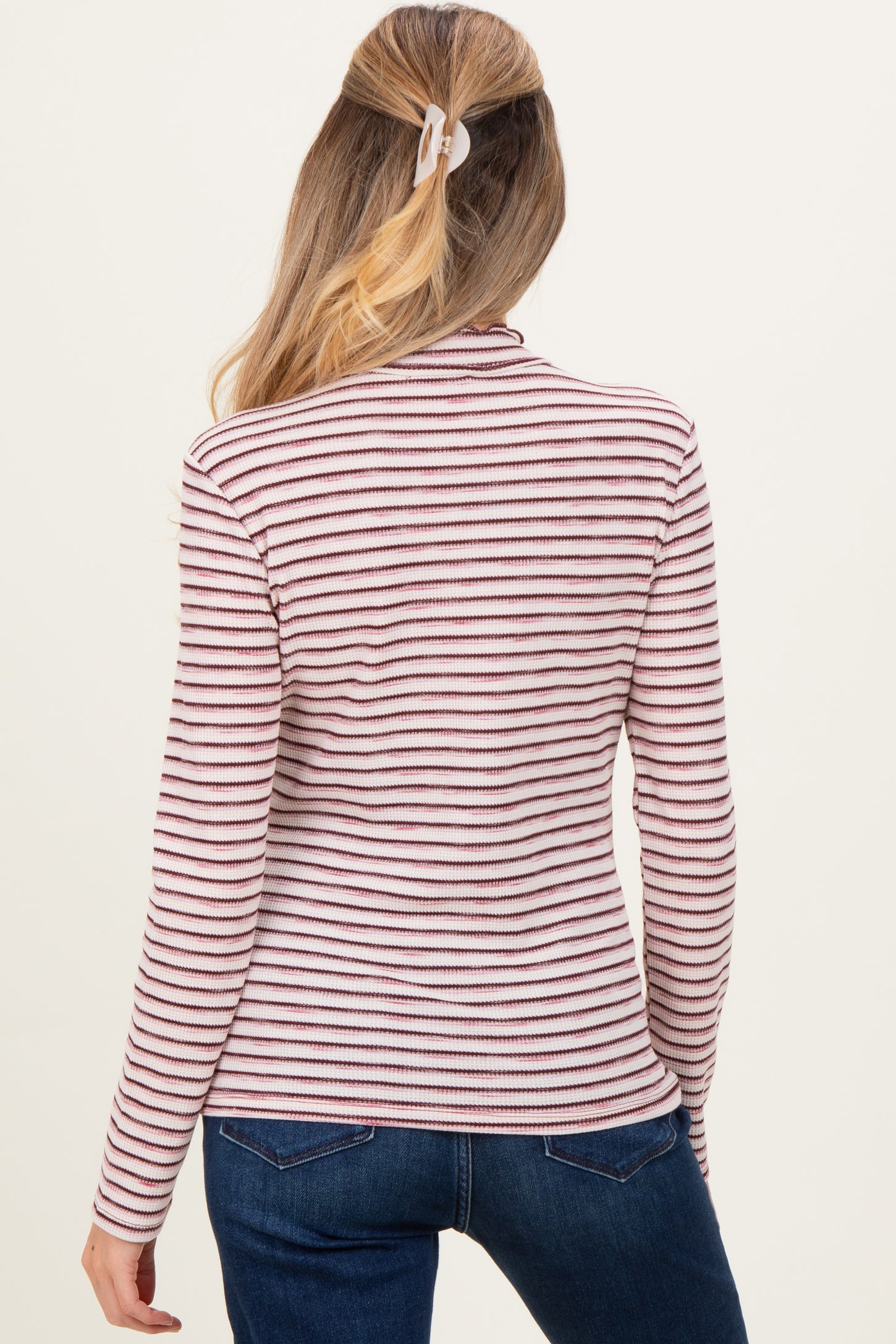 Burgundy Striped Ribbed Mock Neck Ruffle Hem Maternity Top