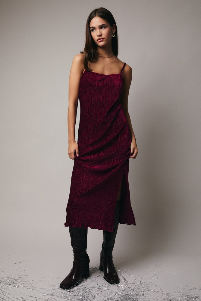 Burgundy Velvet Sleeveless Side Slit Midi Dress