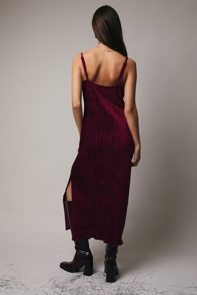 Burgundy Velvet Sleeveless Side Slit Midi Dress