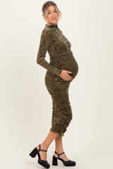 Olive Floral Velvet Mesh Ruched Maternity Midi Dress