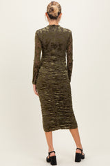 Olive Floral Velvet Mesh Ruched Maternity Midi Dress