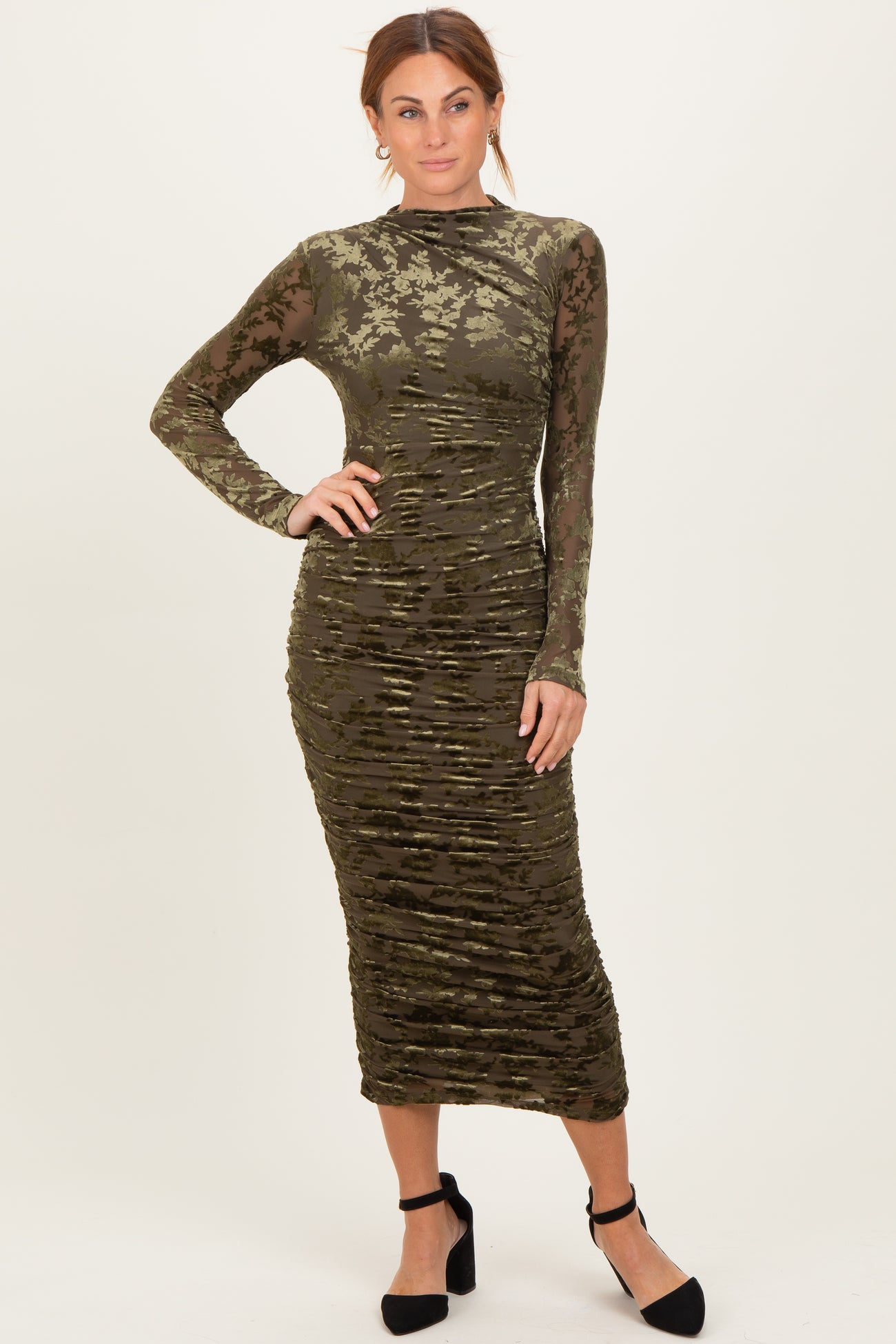 Olive Floral Velvet Mesh Ruched Midi Dress