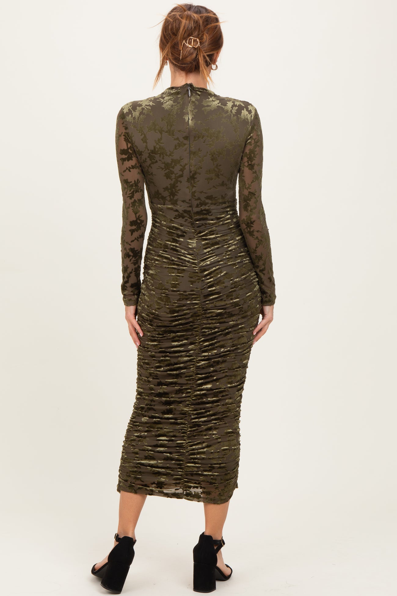 Olive Floral Velvet Mesh Ruched Midi Dress
