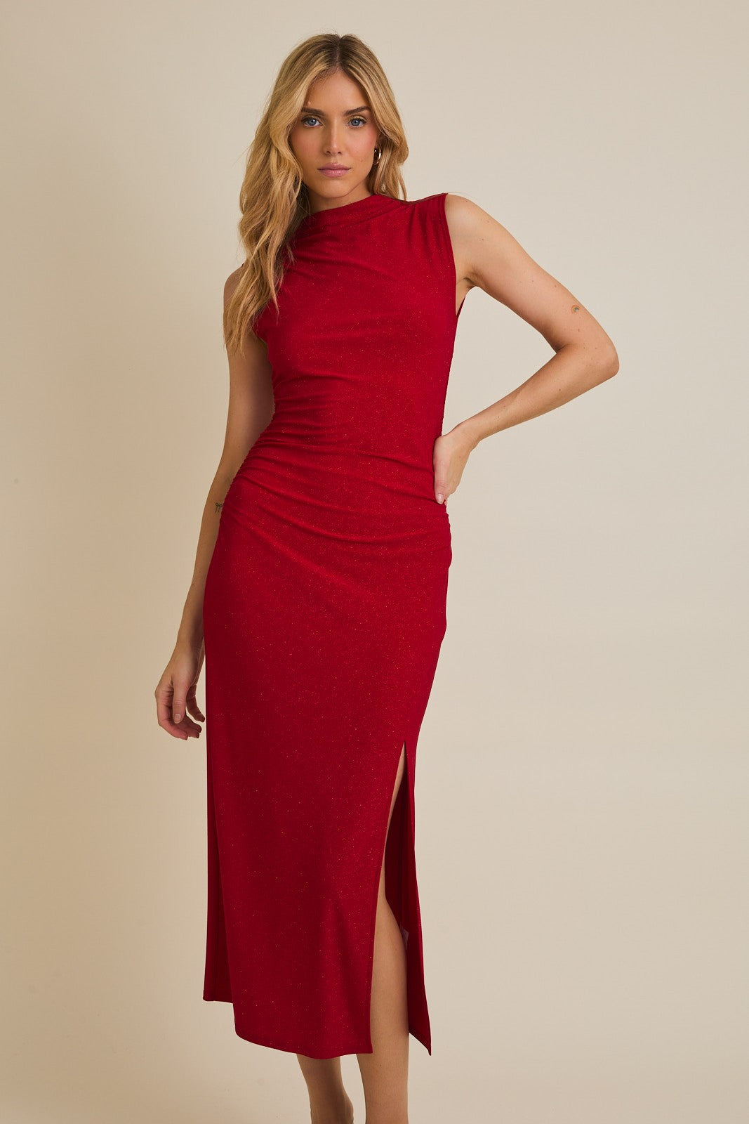 Red Glitter Ruched Side Slit Midi Dress