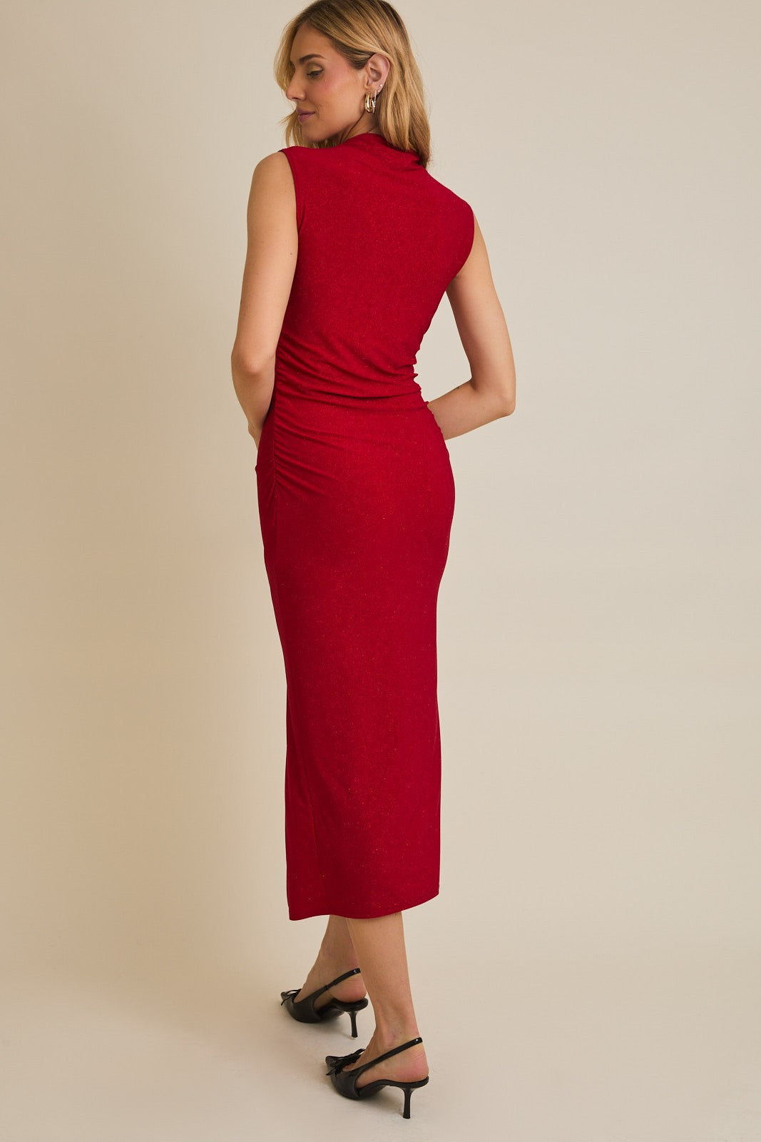 Red Glitter Ruched Side Slit Midi Dress