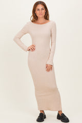 Beige Scoop Back Long Sleeve Maxi Dress