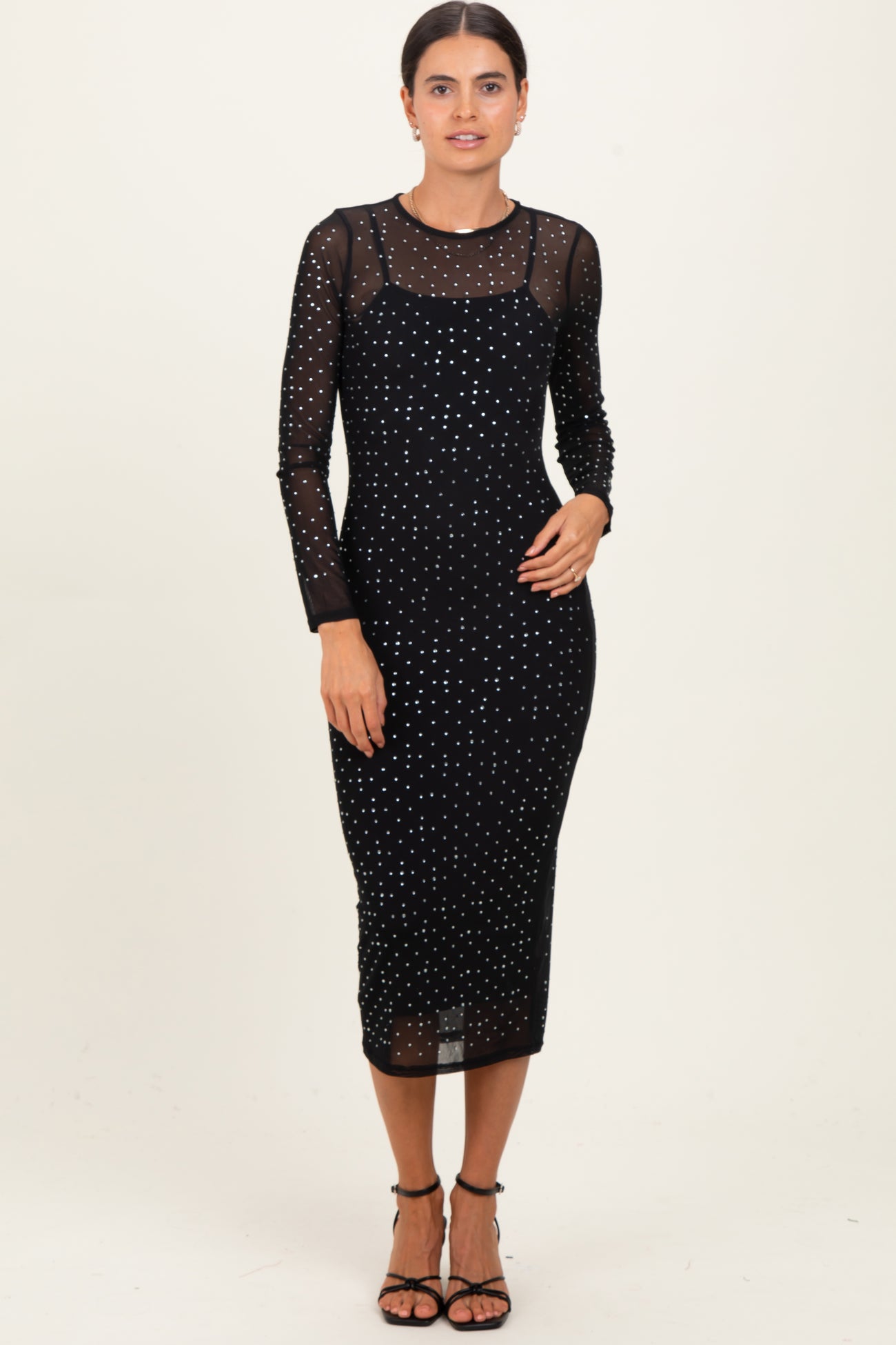 Black Rhinestone Mesh Long Sleeve Midi Dress