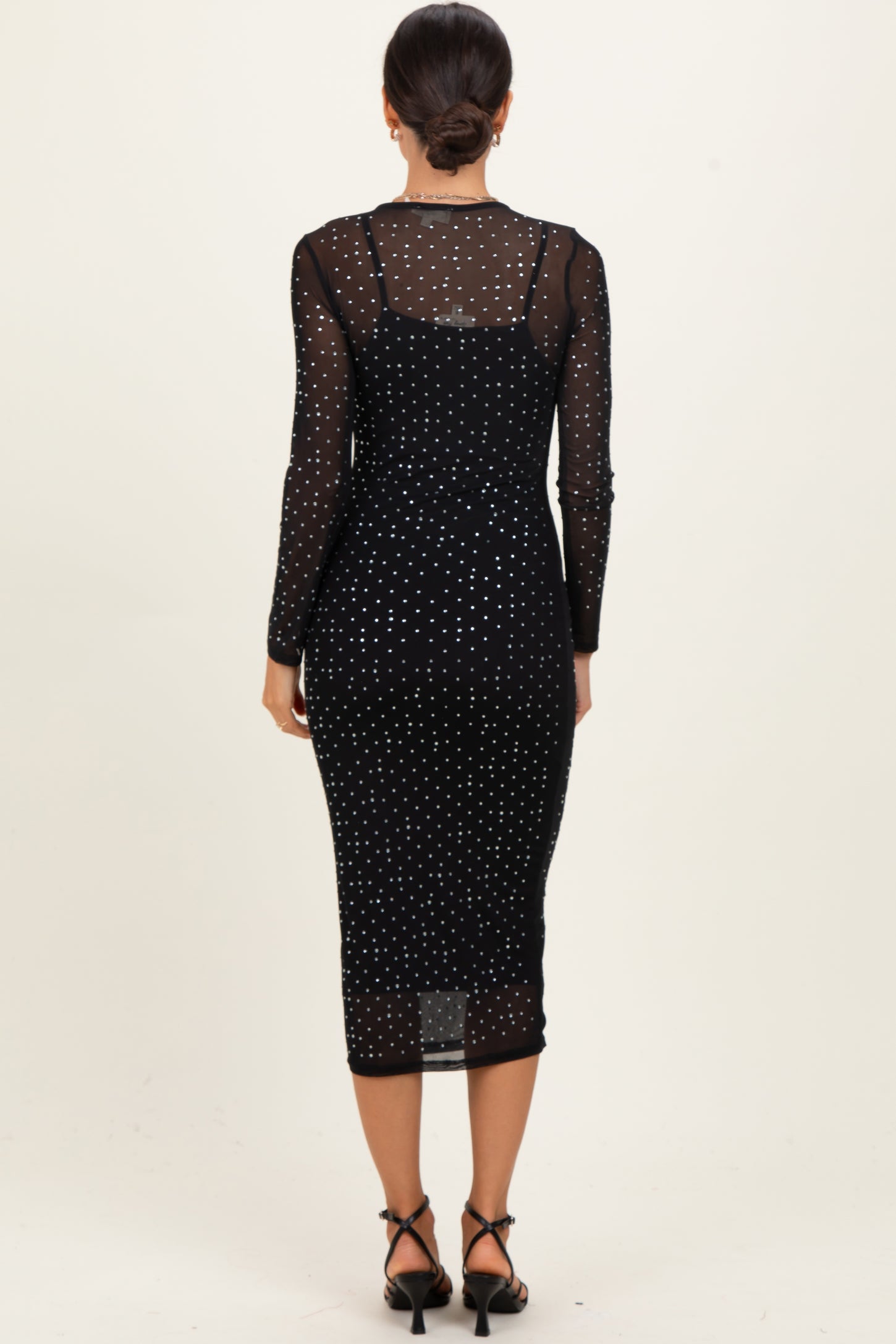 Black Rhinestone Mesh Long Sleeve Midi Dress
