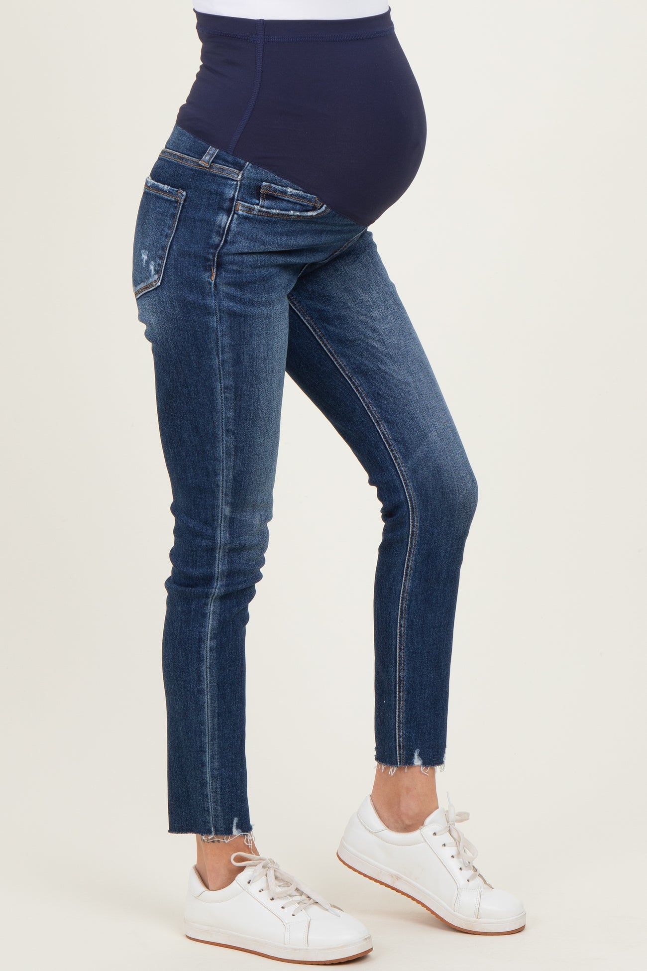 Navy Blue Raw Hem Cropped Skinny Maternity Jeans