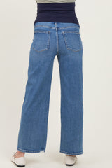 woman wearing maternity wide-leg denim jeans viewed from the back with a stretchy waistband