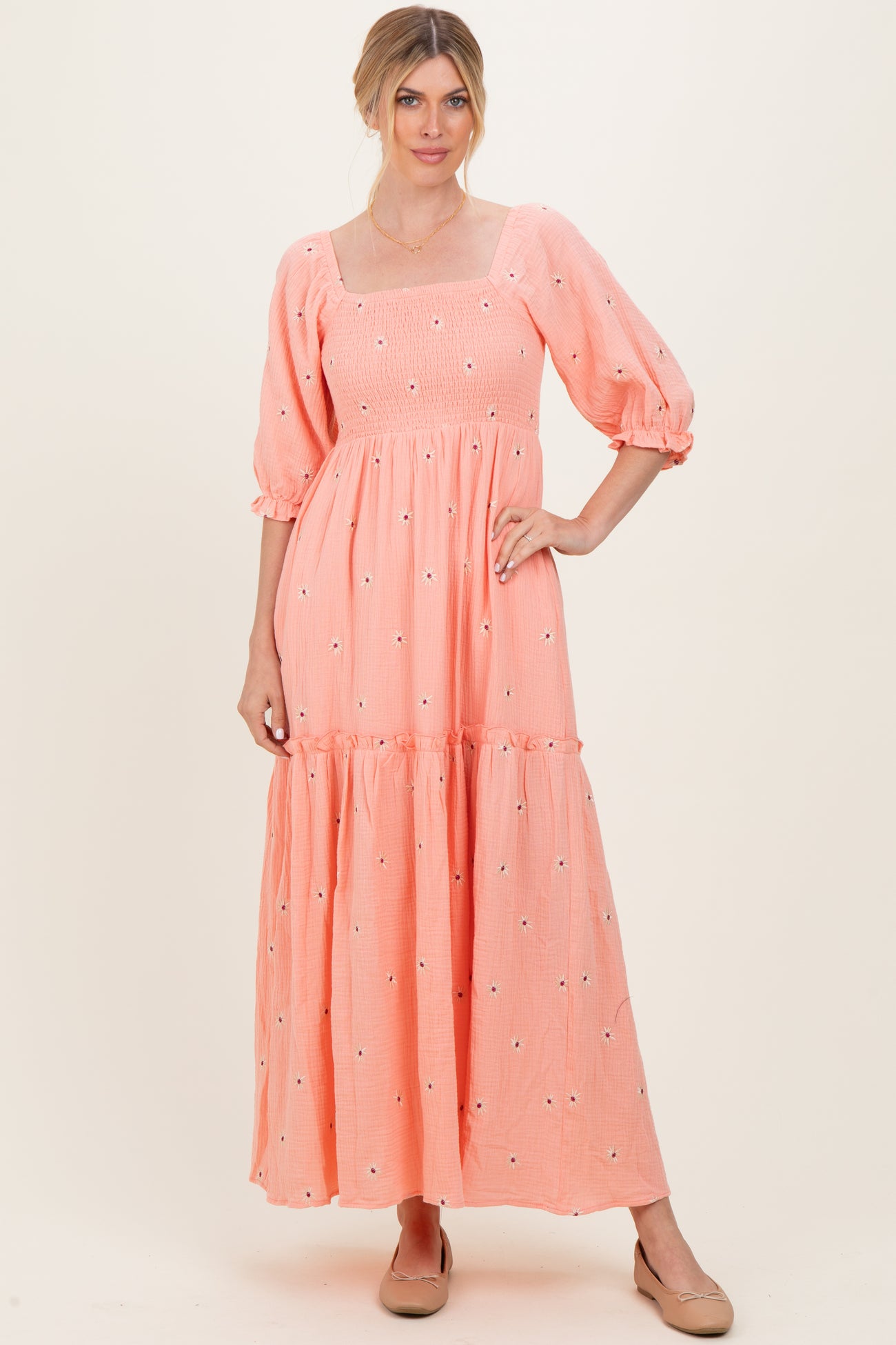 Light Pink Floral Smocked Puff Sleeve Maternity Maxi Dress