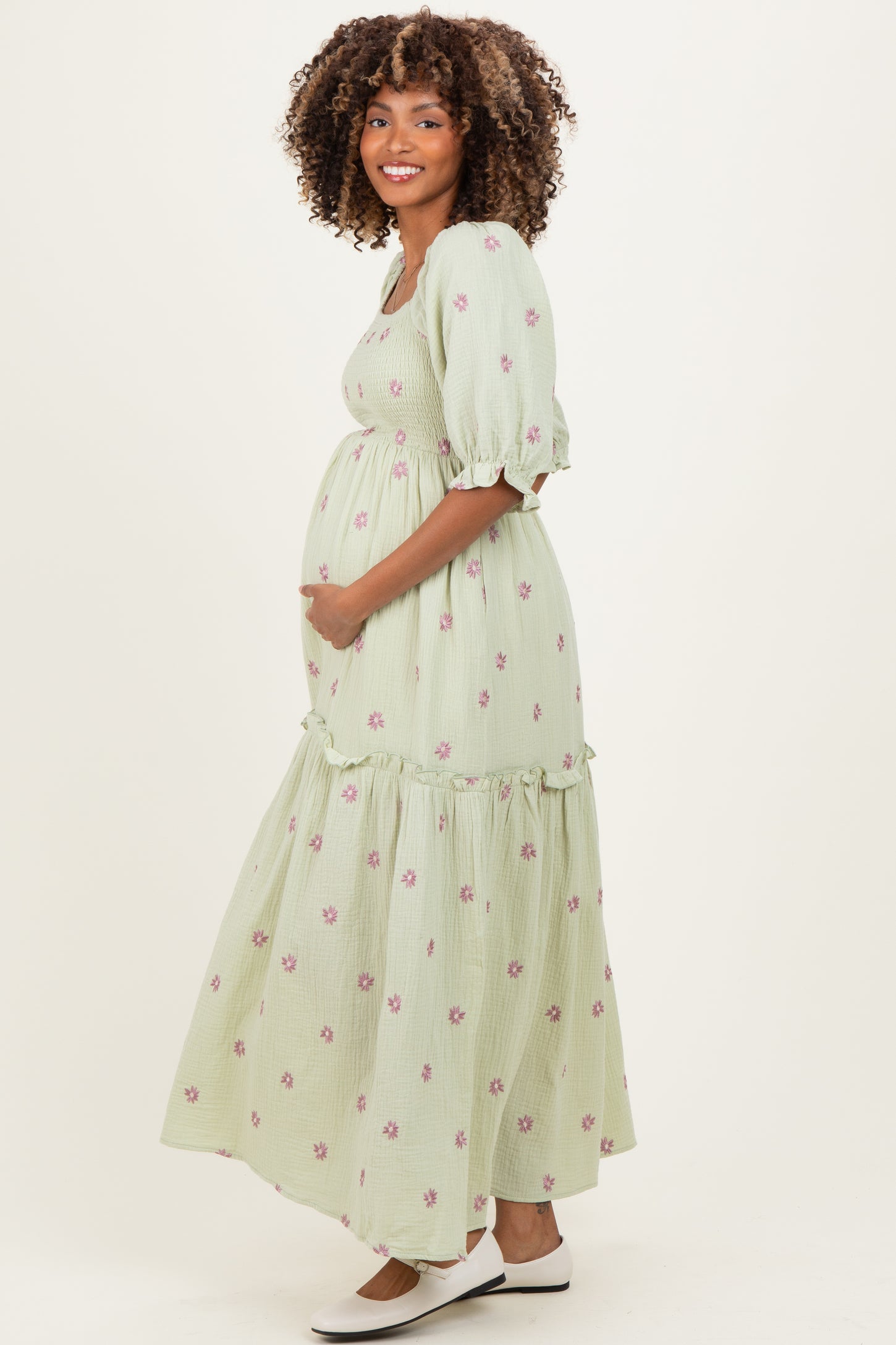 Mint Floral Smocked Puff Sleeve Maternity Maxi Dress