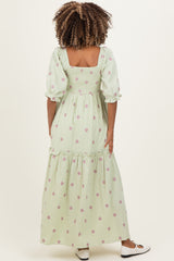 Mint Floral Smocked Puff Sleeve Maternity Maxi Dress