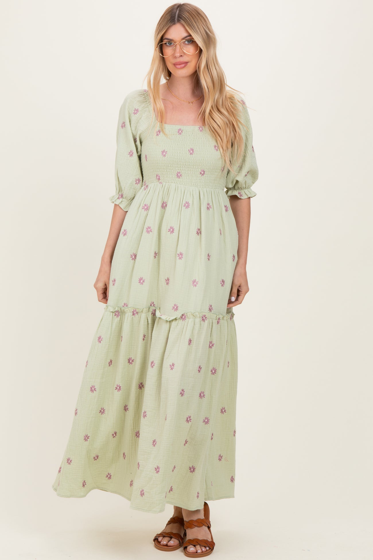 Mint Floral Smocked Puff Sleeve Maxi Dress