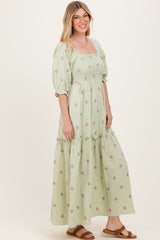 Mint Floral Smocked Puff Sleeve Maxi Dress