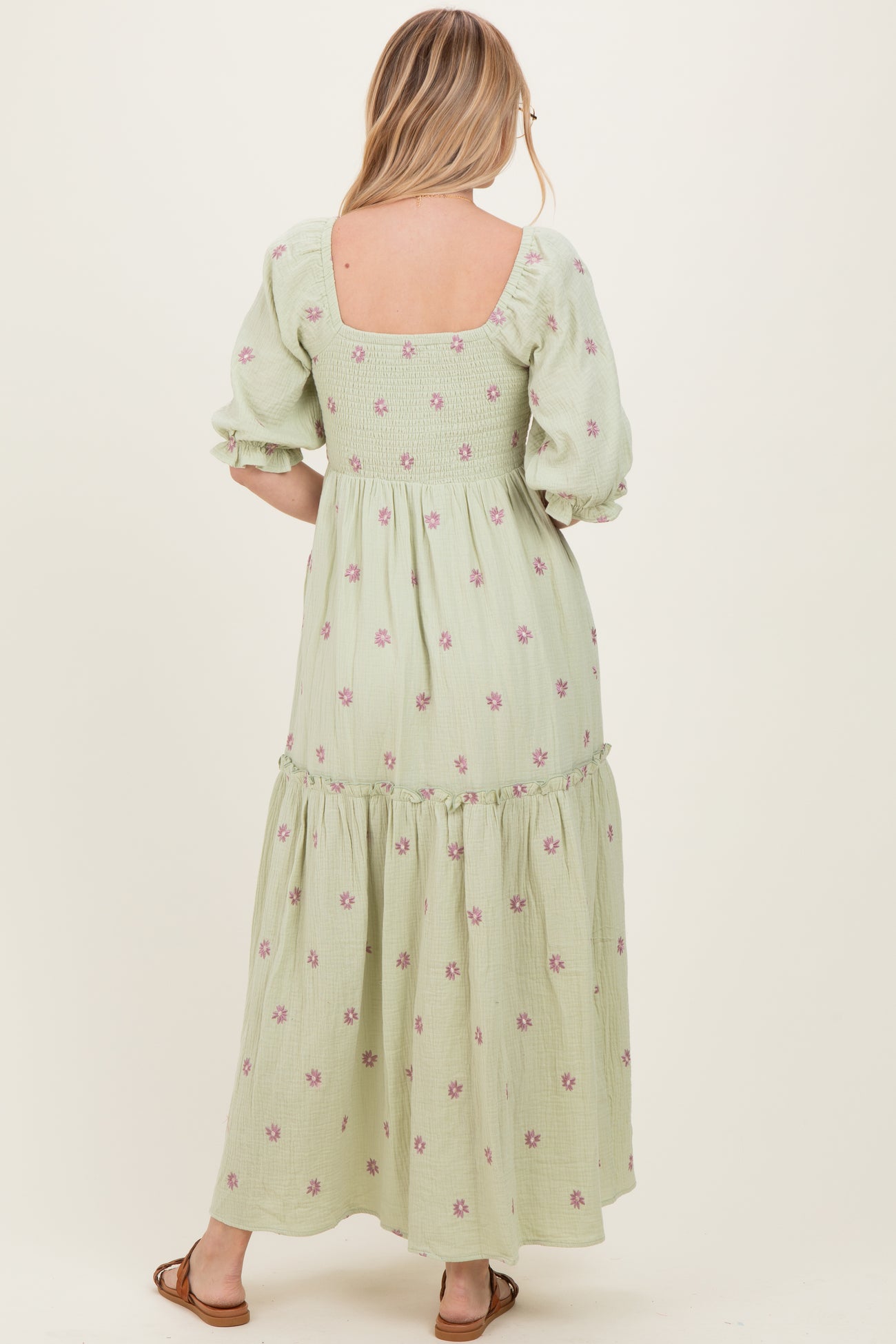 Mint Floral Smocked Puff Sleeve Maxi Dress