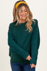 Hunter Green Cable Knit Sleeve Round Neck Maternity Sweater