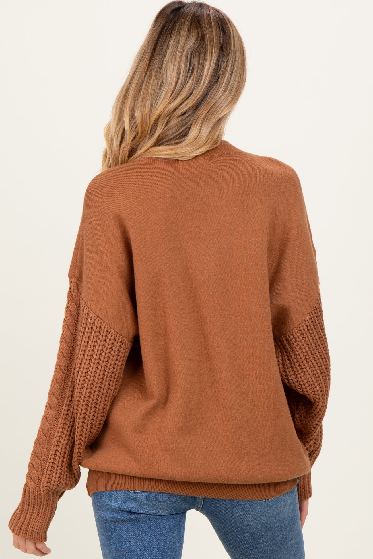 Camel Cable Knit Sleeve Round Neck Maternity Sweater