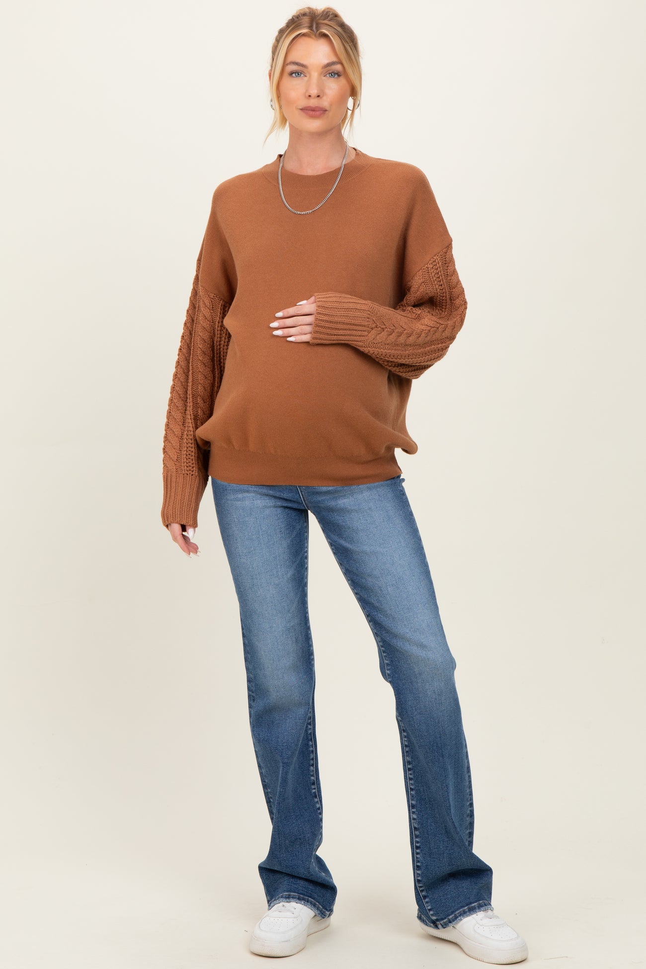 Camel Cable Knit Sleeve Round Neck Maternity Sweater