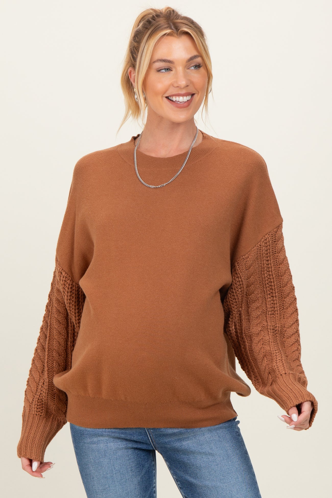 Camel Cable Knit Sleeve Round Neck Maternity Sweater