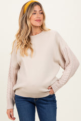 Beige Cable Knit Sleeve Round Neck Maternity Sweater