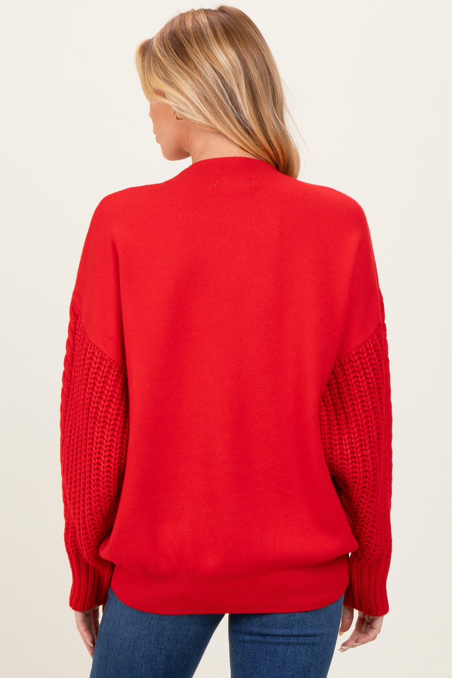 Red Cable Knit Sleeve Round Neck Maternity Sweater