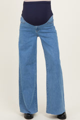 maternity wear blue wide leg jeans with a high waistband designed for comfort during pregnancy