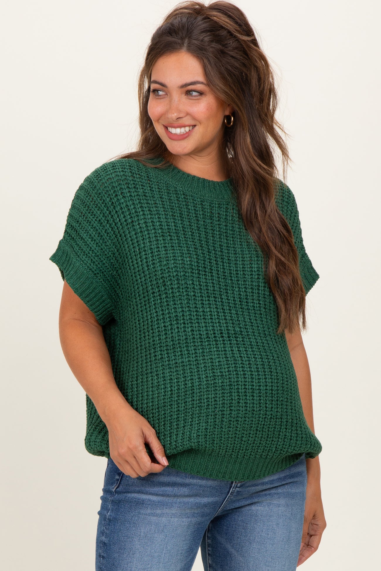 Green Short Sleeve Round Neck Maternity Sweater