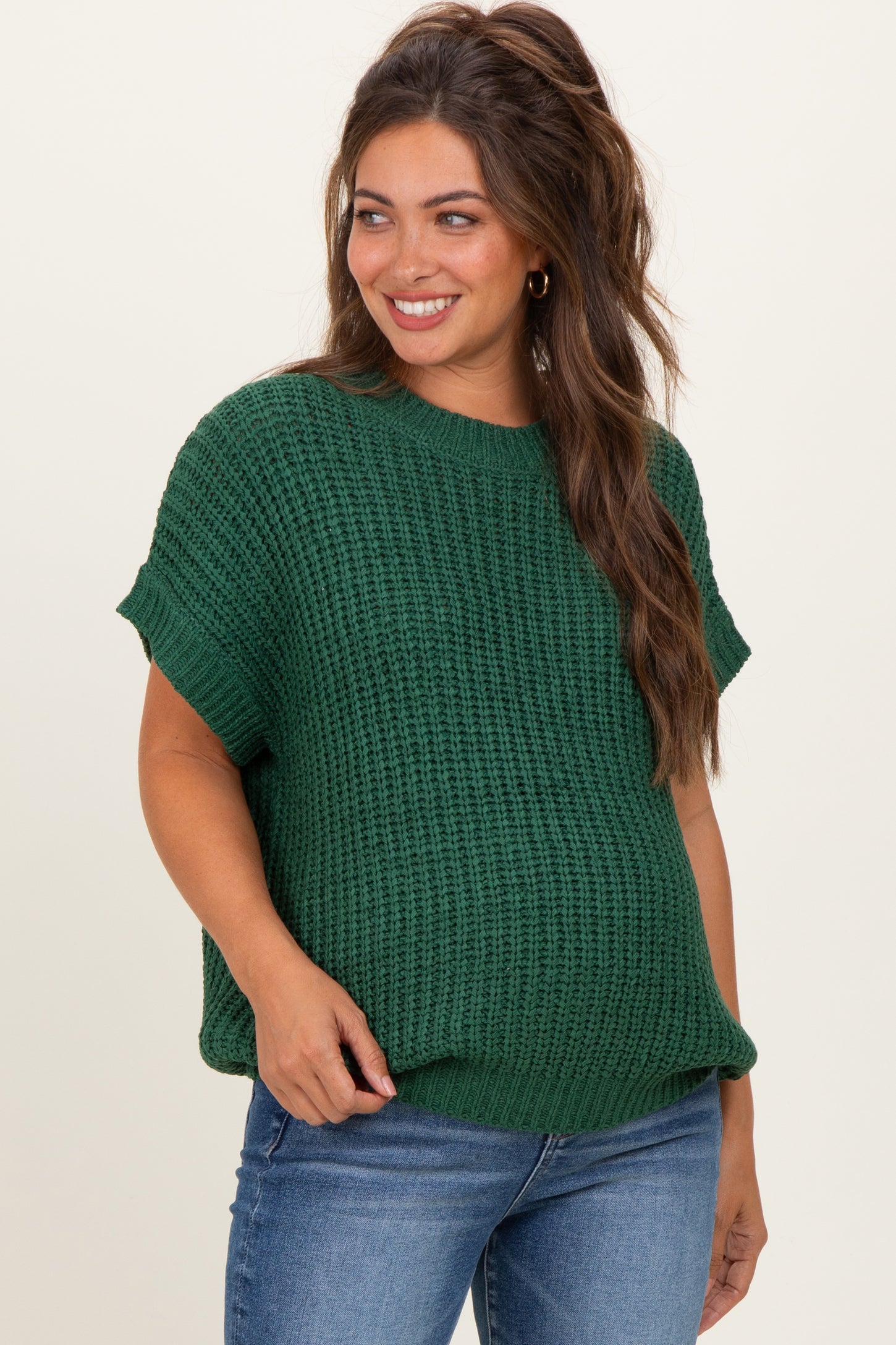 Green Short Sleeve Round Neck Maternity Sweater
