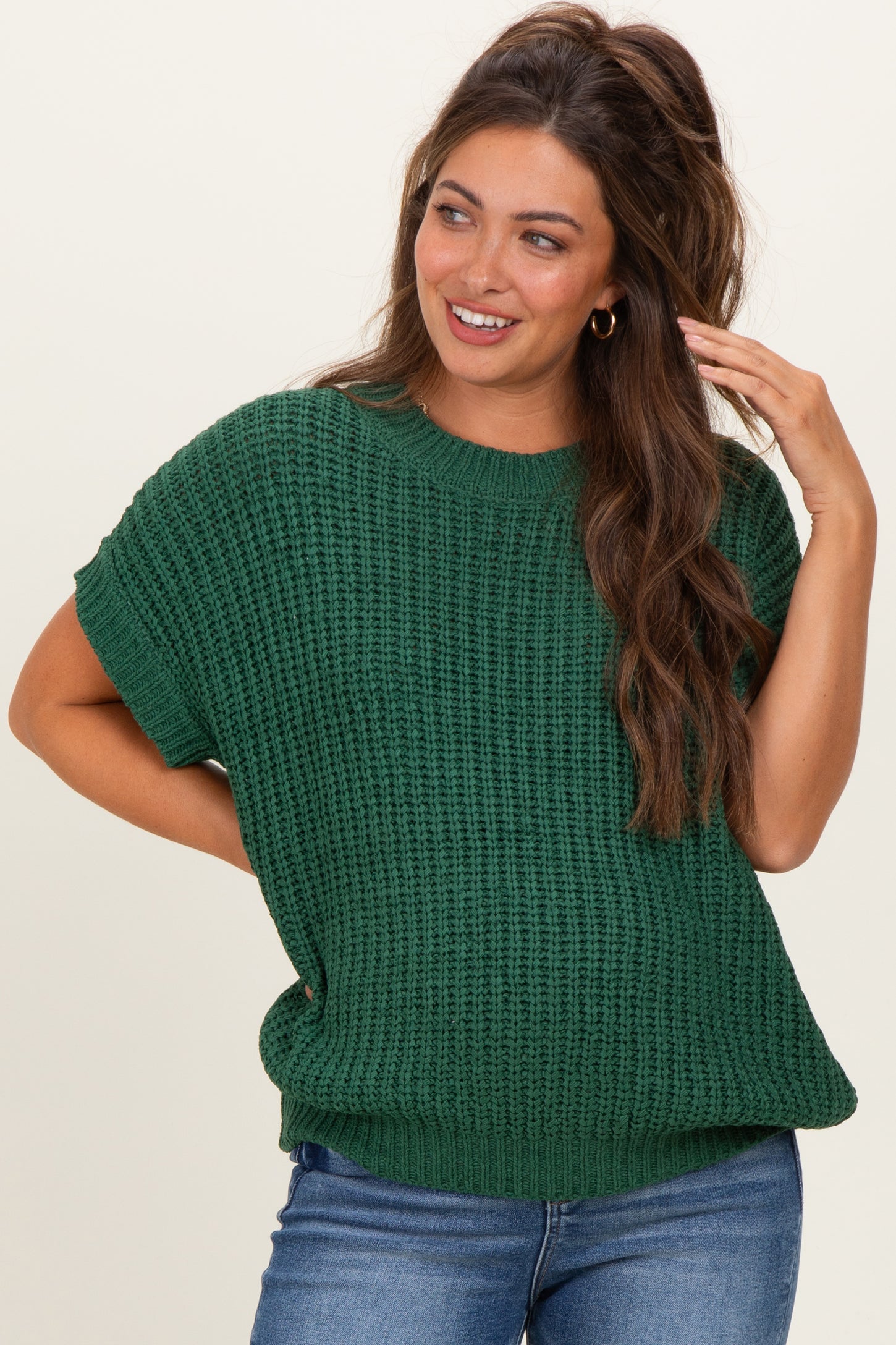 Green Short Sleeve Round Neck Maternity Sweater