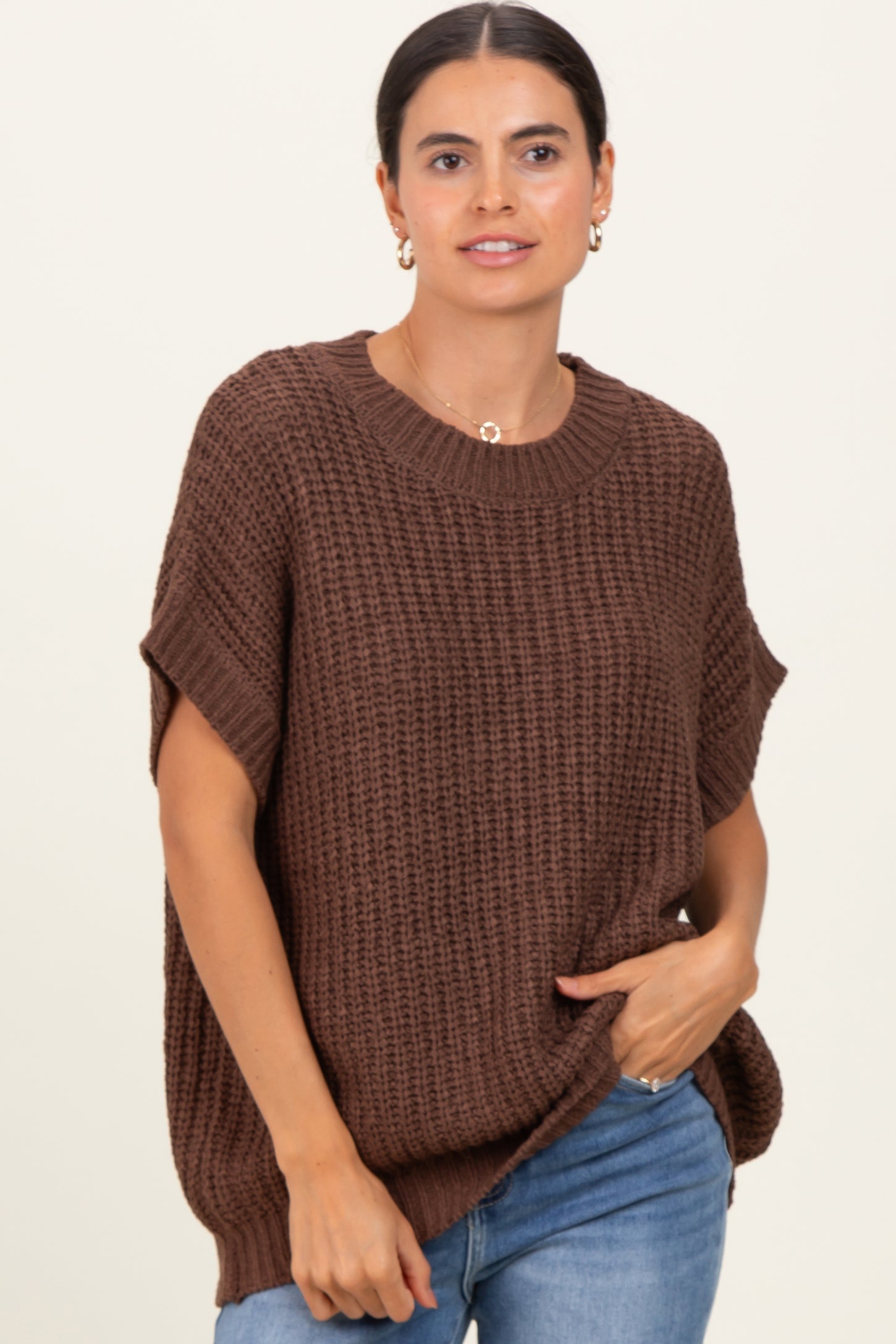 Brown Short Sleeve Round Neck Sweater