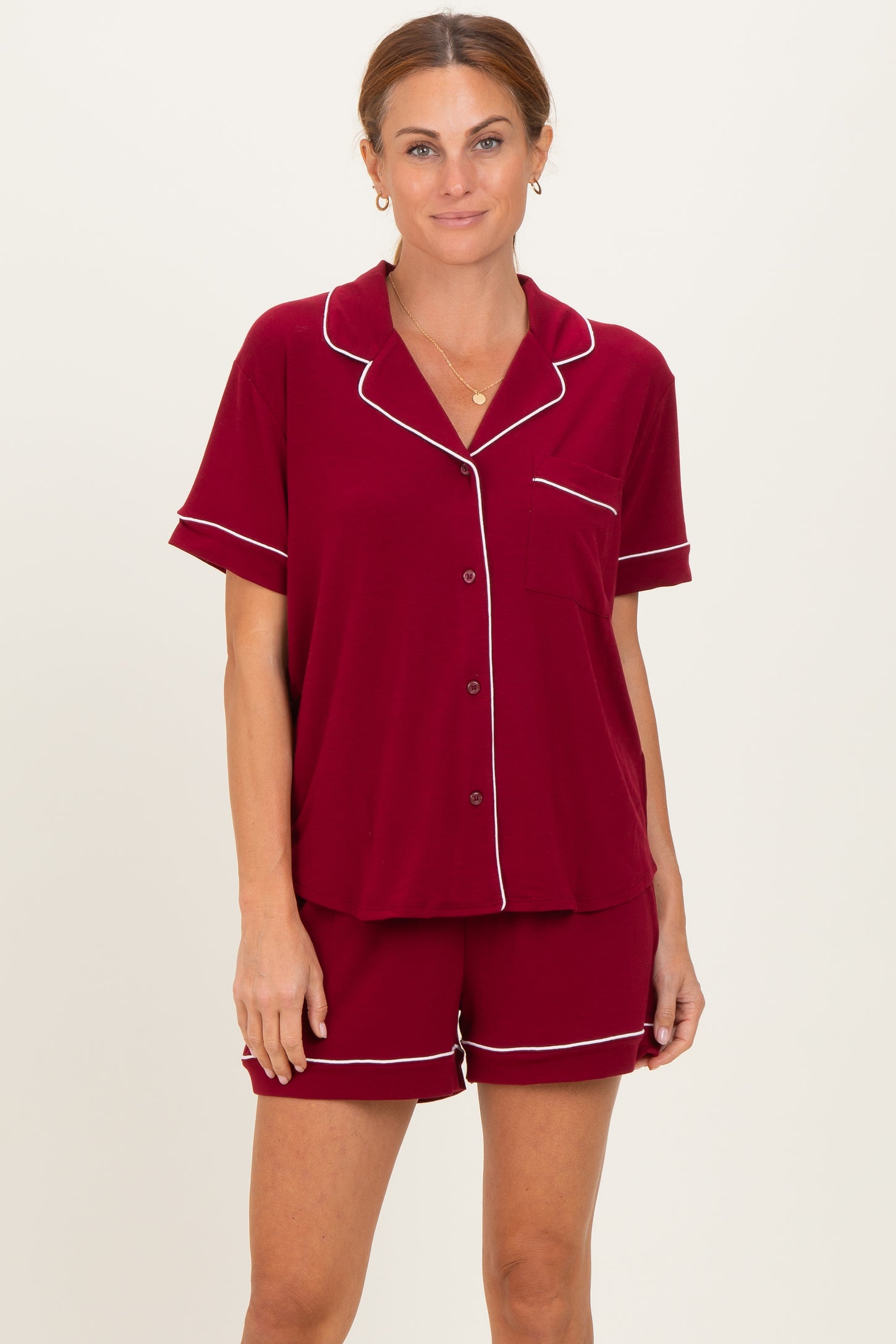 Burgundy Short Sleeve Button Down Shirt Shorts Maternity Set
