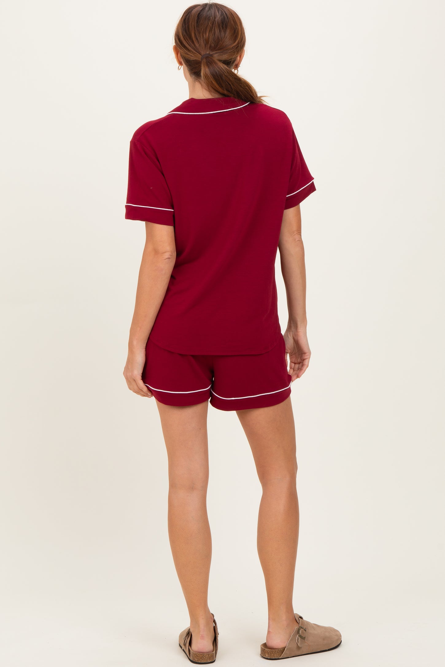 Burgundy Short Sleeve Button Down Shirt Shorts Set