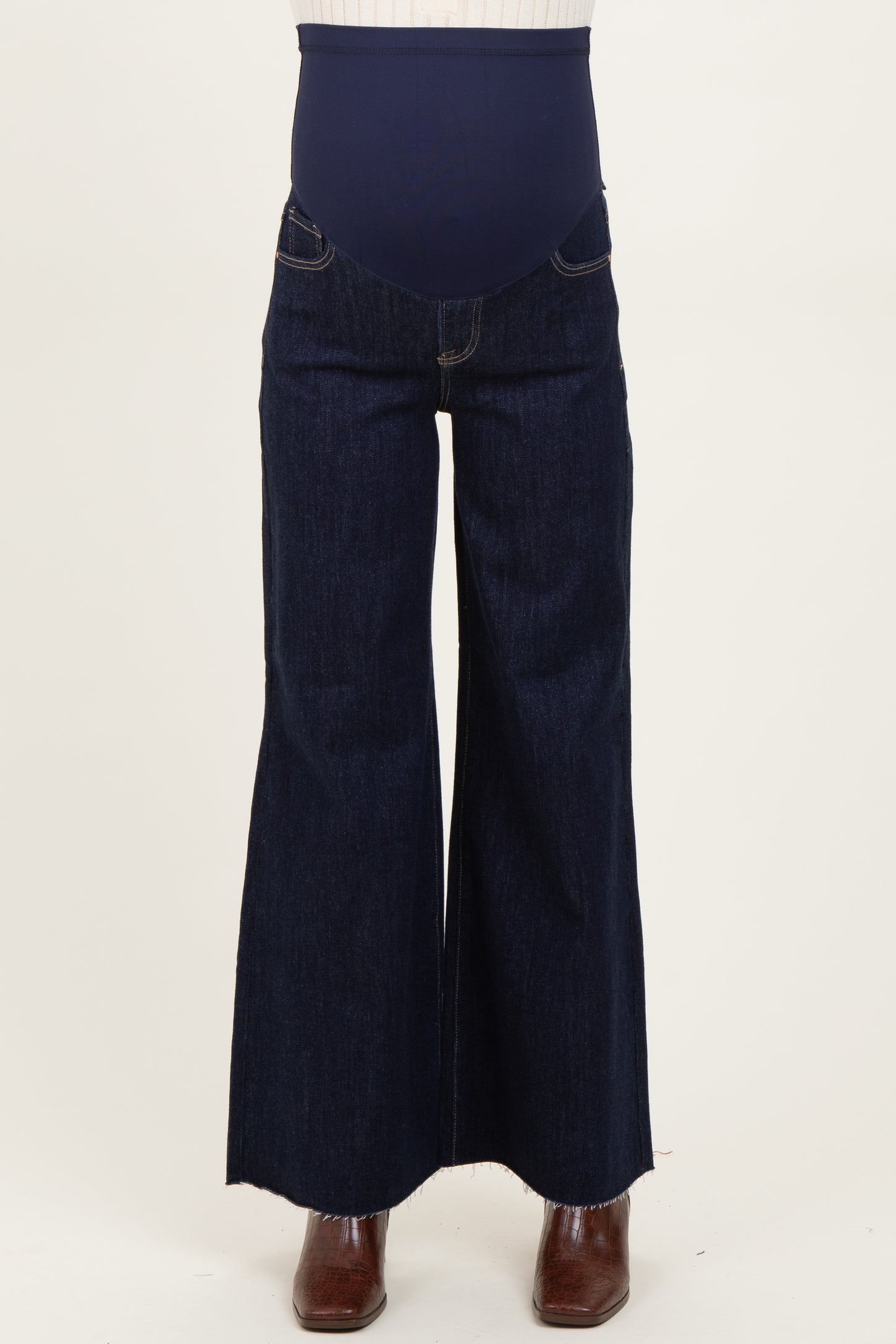 maternity wear dark blue wide leg jeans with a smooth over-the-bump panel