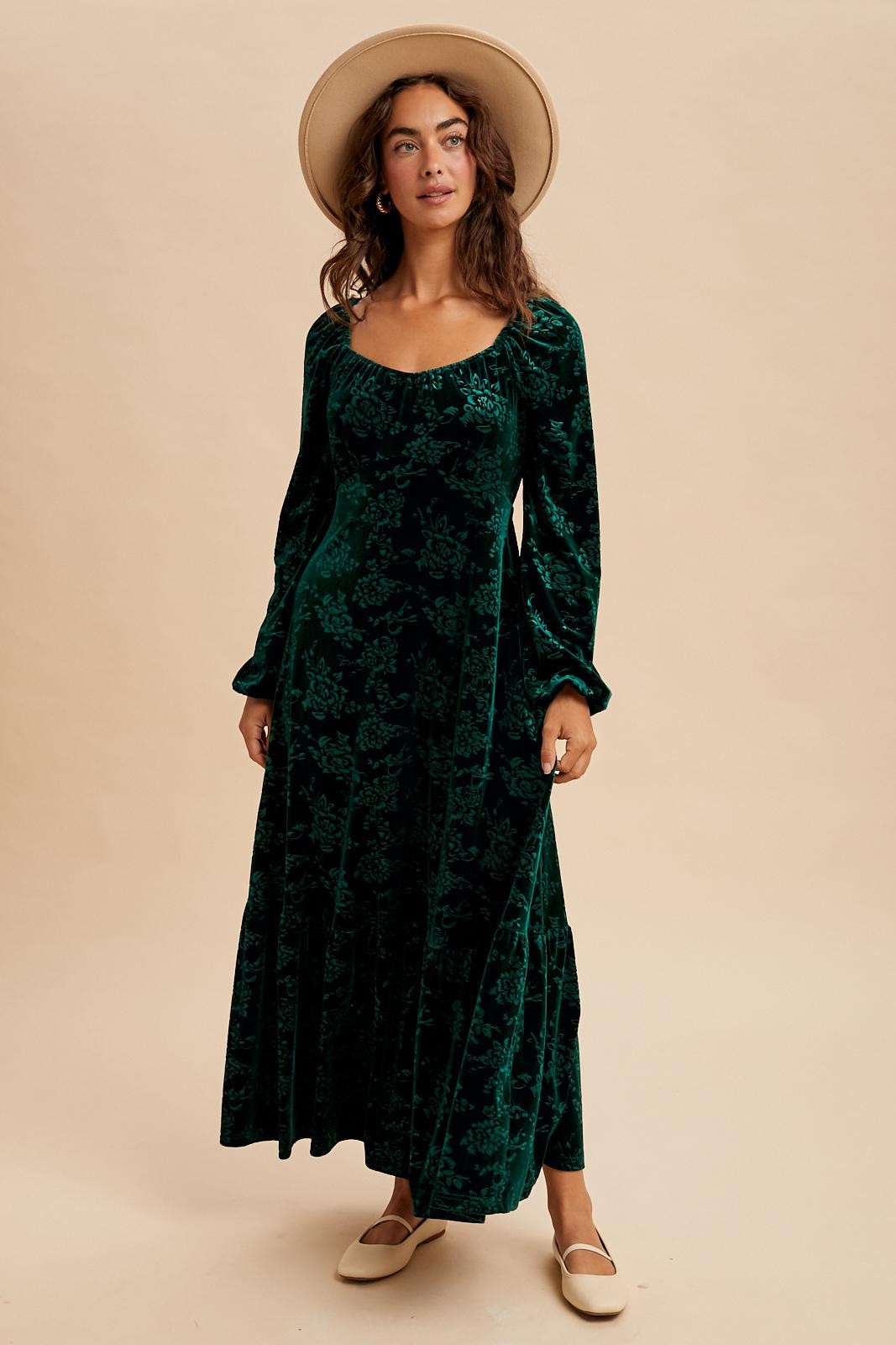 Emerald Green Velvet Jacquard Floral Maternity Maxi Dress